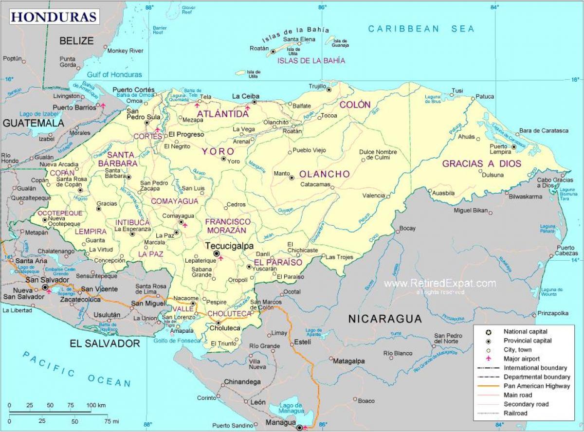 kaart van die politieke kaart van Honduras