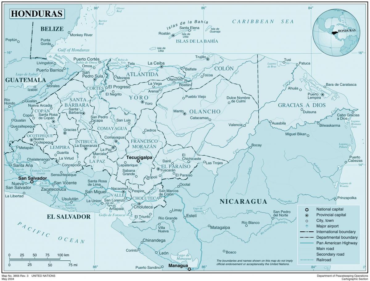 kaart van die fisiese kaart van Honduras