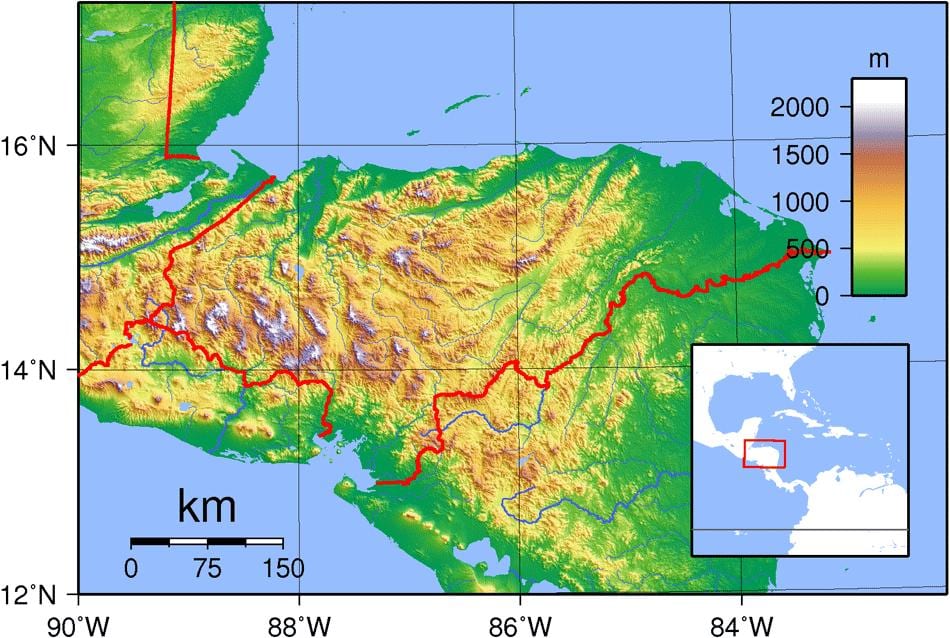 kaart van Honduras topografiese